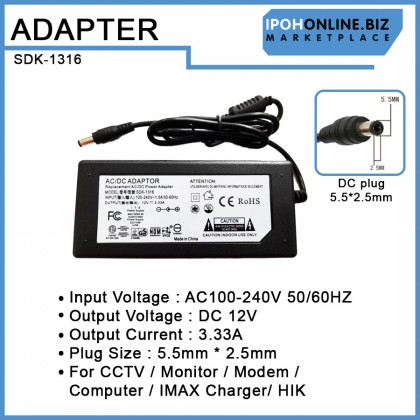 AC/DC 100V-240V Adapter 12V 3.33A 5.5mm*2.5mm For CCTV / Monitor / Modem / Computer / IMAX Charger/ HIK AC/DC 100V-240V Adapter 12V 3.33A 5.5mm*2.5mm For CCTV / Monitor / Modem / Computer / IMAX Charger/ HIK